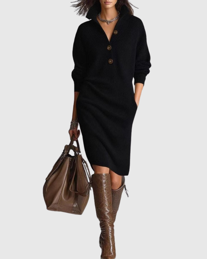 Arianell | Women's Wool Knit Midi Dress with Button-Up Neckline