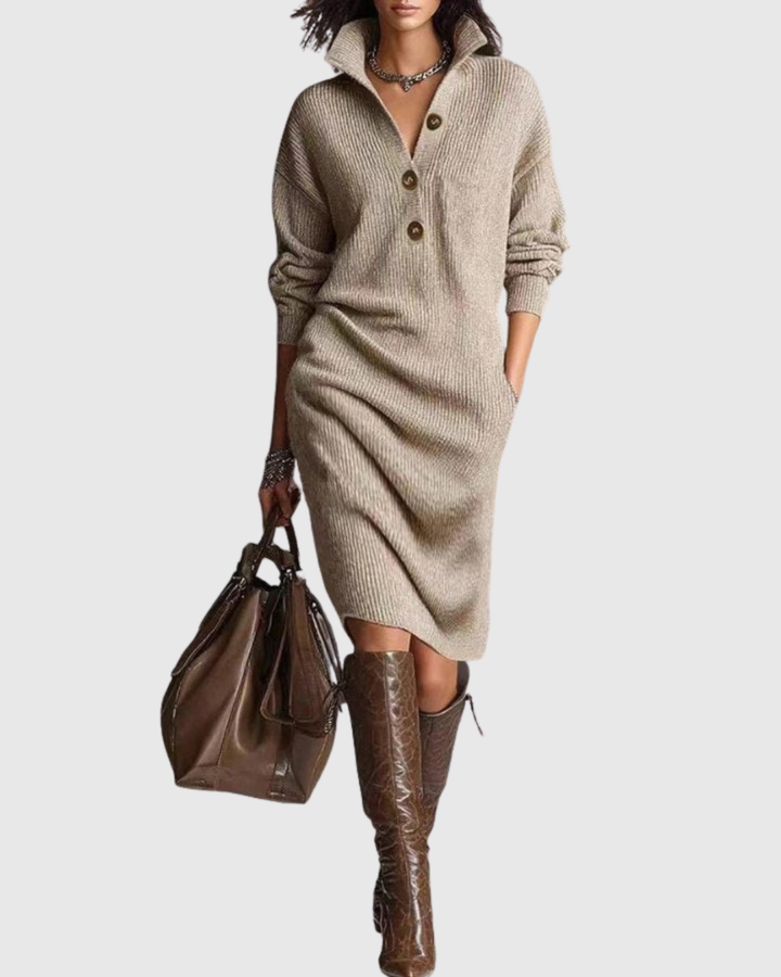 Arianell | Women's Wool Knit Midi Dress with Button-Up Neckline