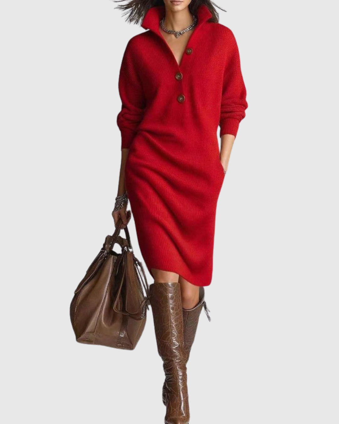Arianell | Women's Wool Knit Midi Dress with Button-Up Neckline