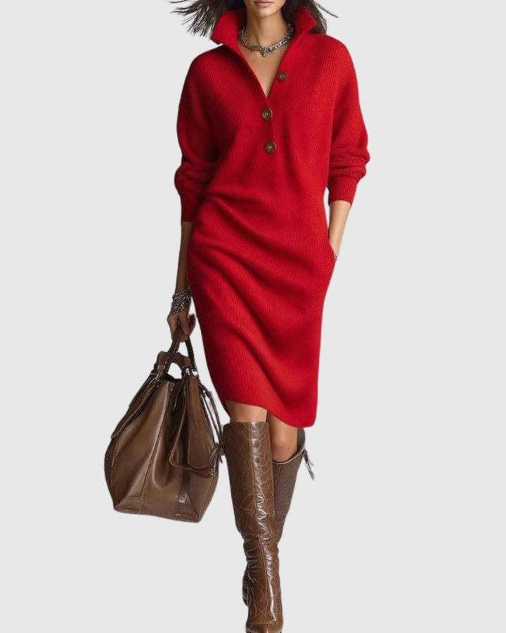 Arianell | Women's Wool Knit Midi Dress with Button-Up Neckline