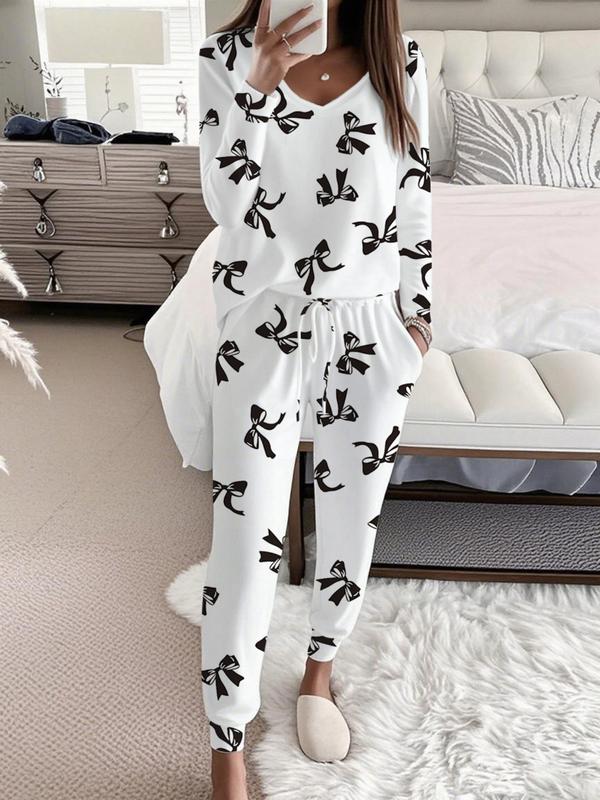 Bow Print V-Neck Top & Tie Waist Pants Set | Women's Loungewear Set