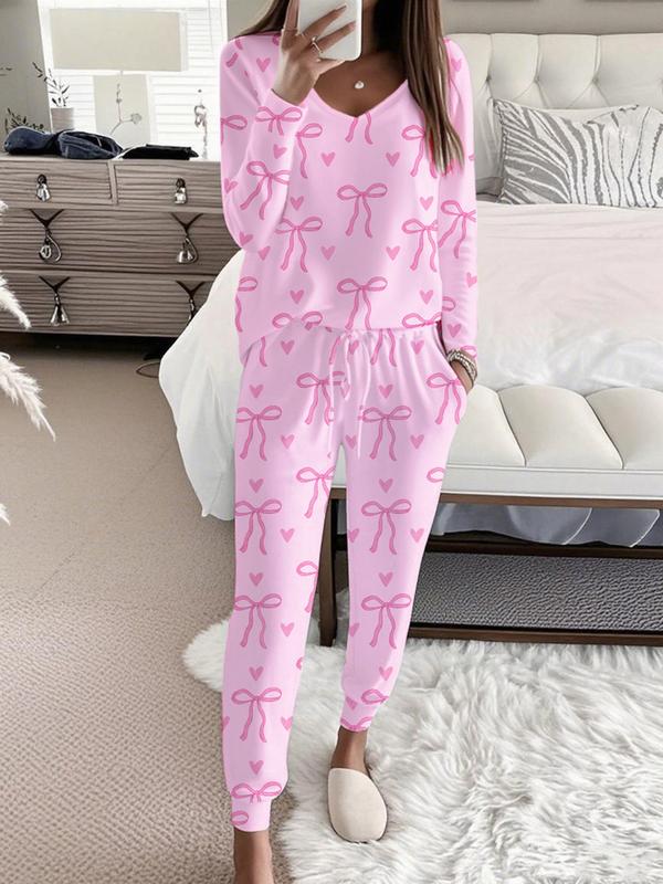 Bow Print V-Neck Top & Tie Waist Pants Set | Women's Loungewear Set