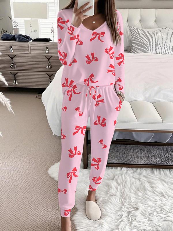 Bow Print V-Neck Top & Tie Waist Pants Set | Women's Loungewear Set