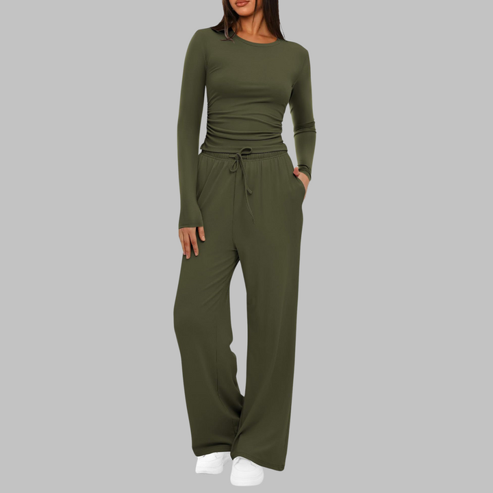 Casual Long Sleeve Top & Wide Leg Pants Set | Women's Outfit