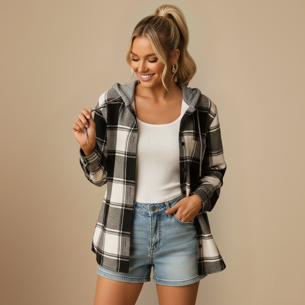 Checked Hooded Jacket | Casual Outerwear for Women