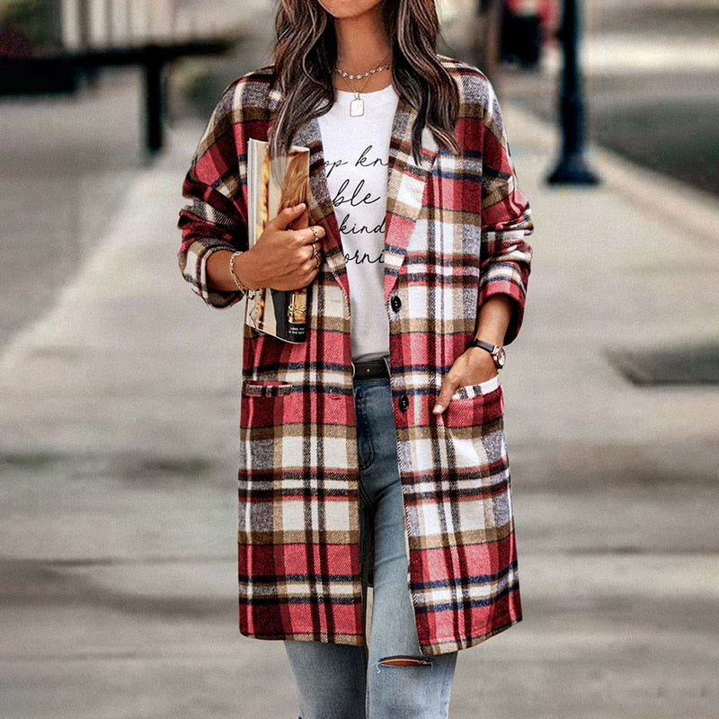 Checkered Pattern Long Fit Jacket | Women's Jacket
