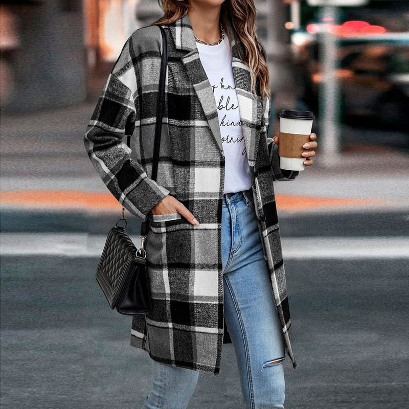 Checkered Pattern Long Fit Jacket | Women's Jacket