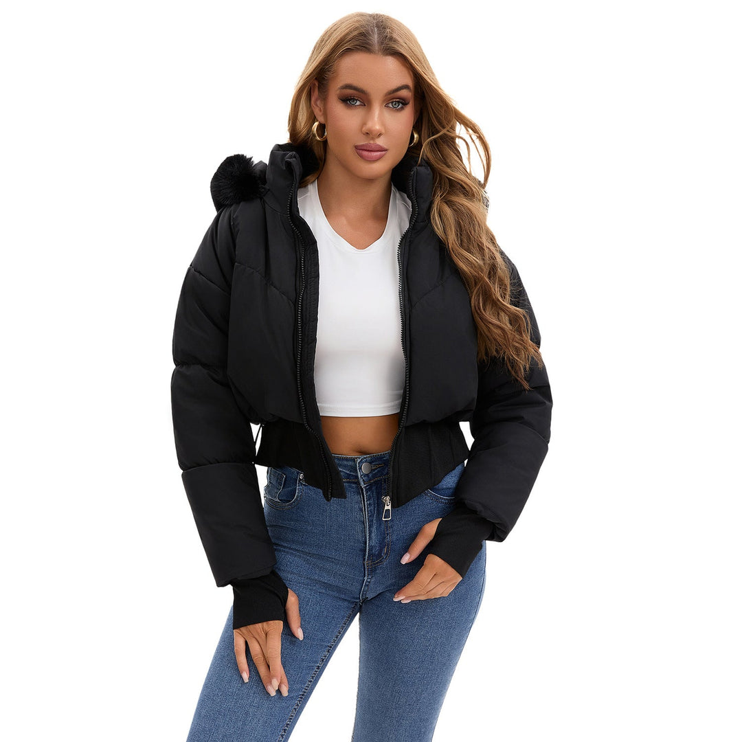Cropped Black Puffer Jacket Women with Removable Hood | Women's Jacket