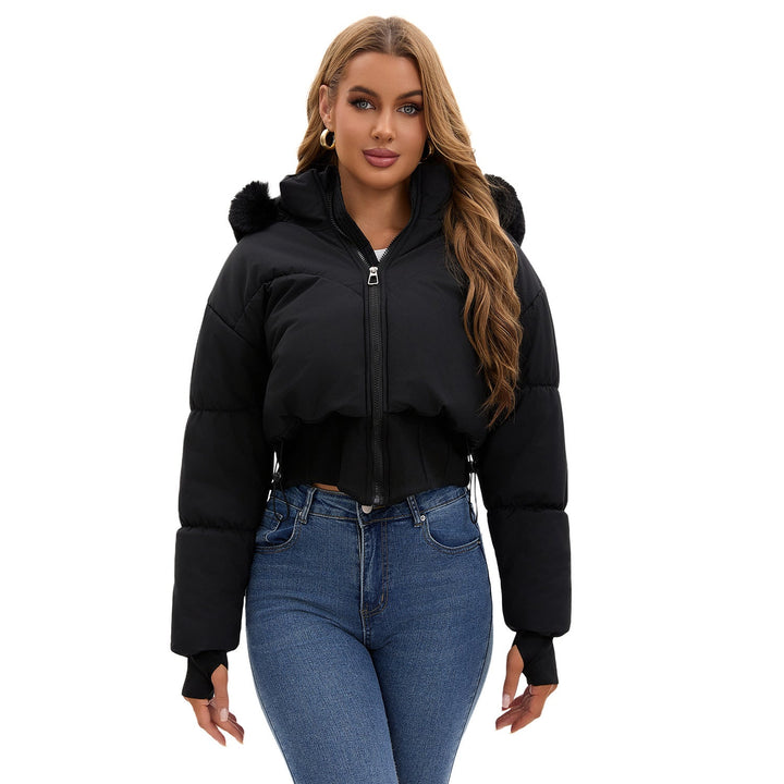 Cropped Black Puffer Jacket Women with Removable Hood | Women's Jacket