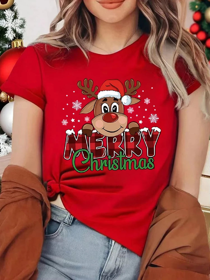 Cute Reindeer Print T-Shirt | Women's Casual T Shirts