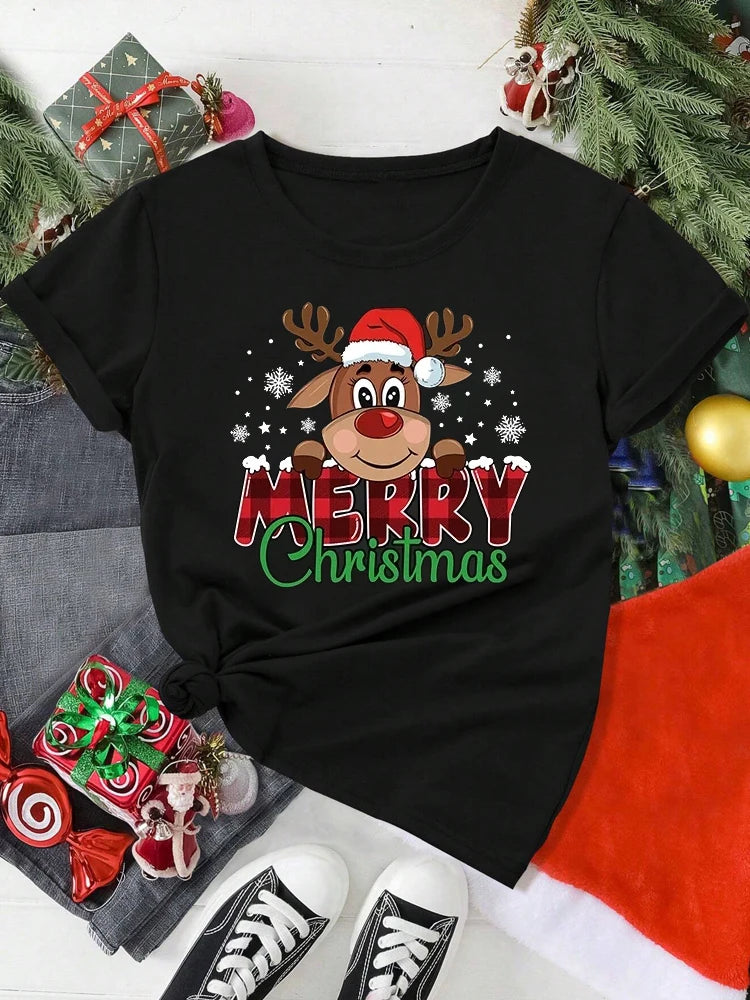 Cute Reindeer Print T-Shirt | Women's Casual T Shirts