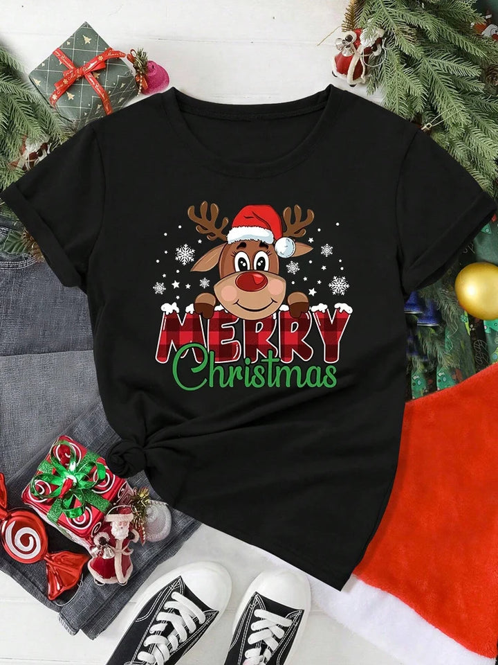 Cute Reindeer Print T-Shirt | Women's Casual T Shirts