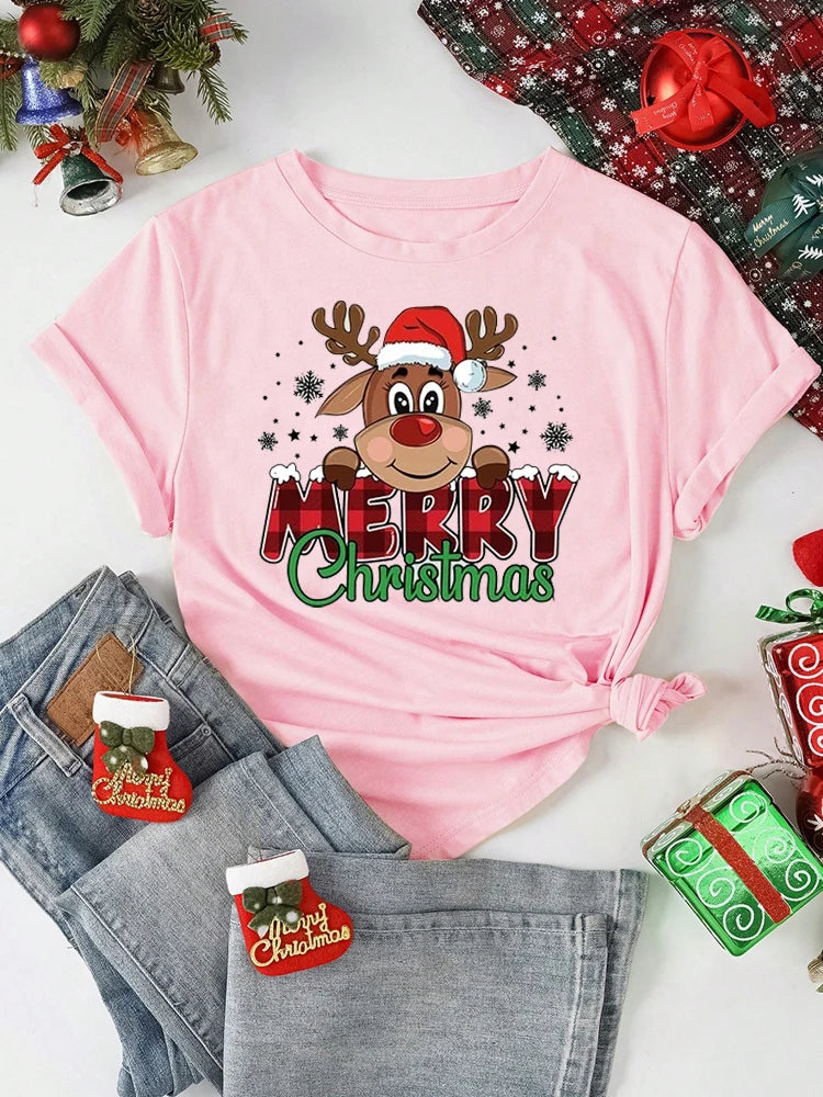 Cute Reindeer Print T-Shirt | Women's Casual T Shirts