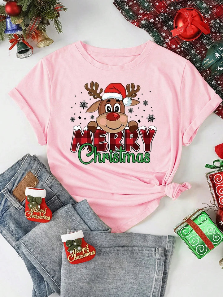 Cute Reindeer Print T-Shirt | Women's Casual T Shirts