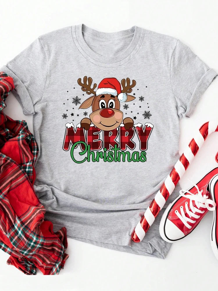 Cute Reindeer Print T-Shirt | Women's Casual T Shirts