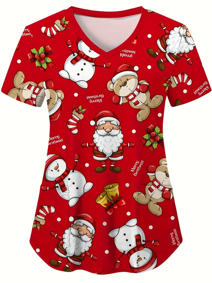 Cute Snowman Print V-Neck Top | Women's Clinical Uniform