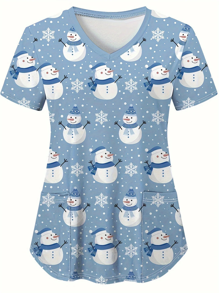 Cute Snowman Print V-Neck Top | Women's Clinical Uniform
