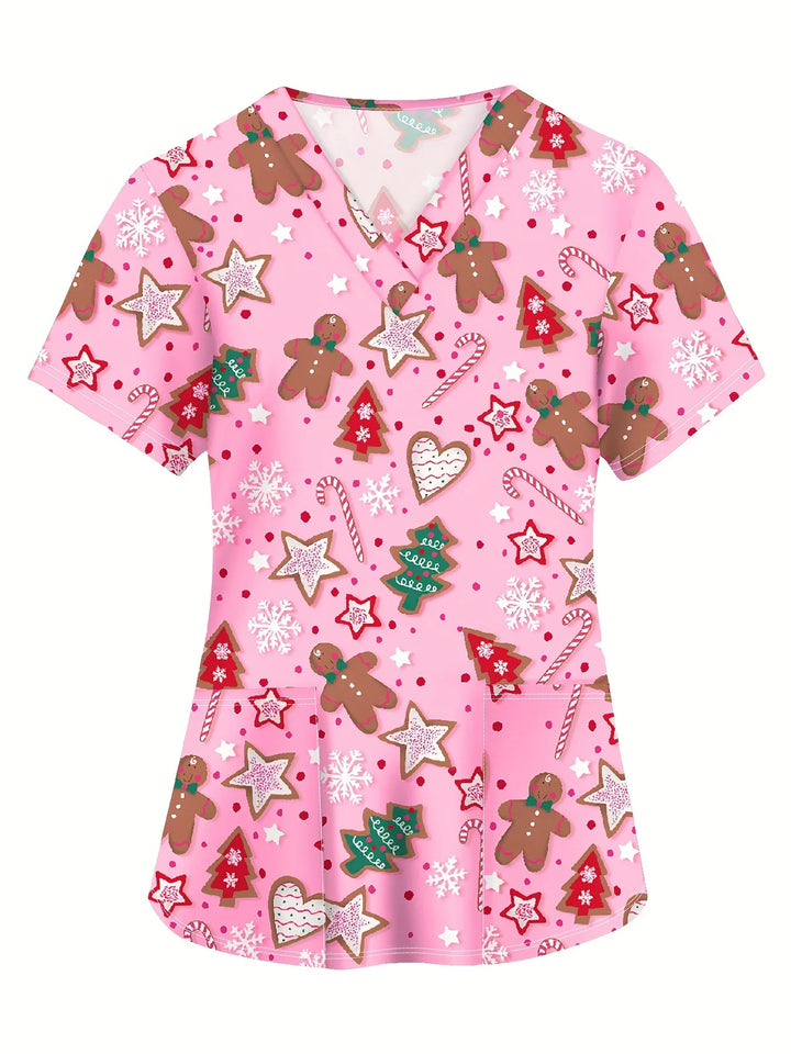 Cute Snowman Print V-Neck Top | Women's Clinical Uniform