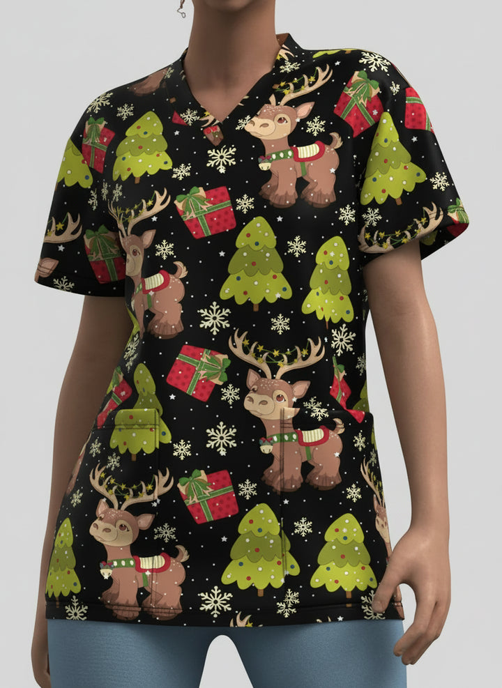 Cute Snowman Print V-Neck Top | Women's Clinical Uniform
