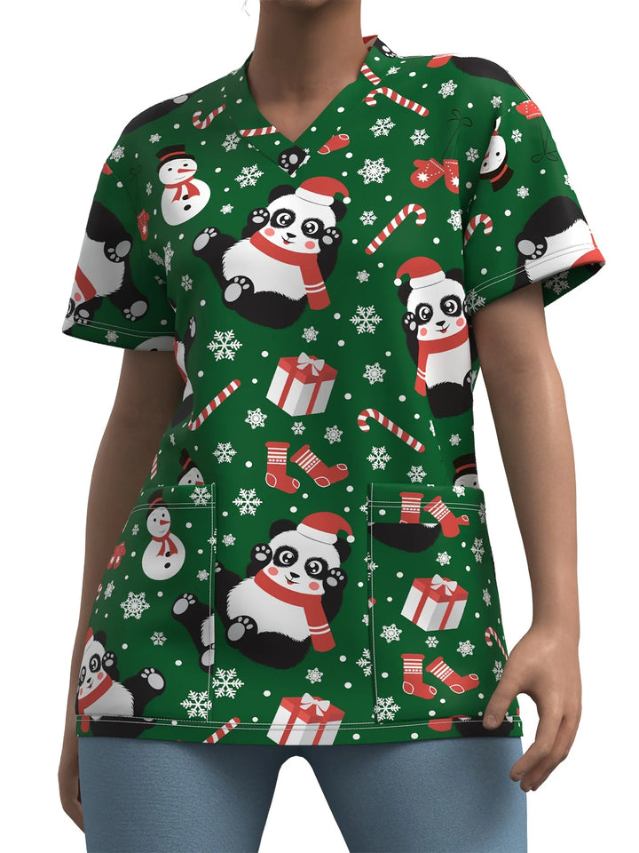 Cute Snowman Print V-Neck Top | Women's Clinical Uniform