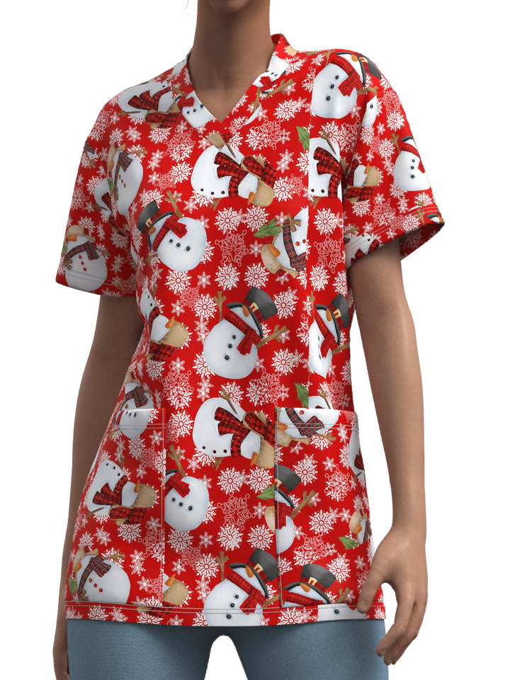 Cute Snowman Print V-Neck Top | Women's Clinical Uniform
