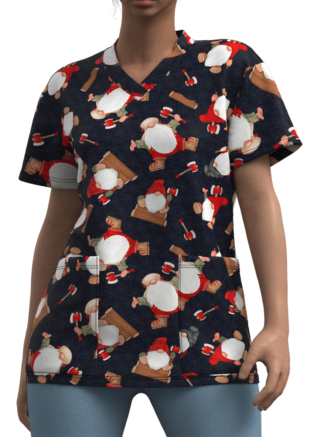 Cute Snowman Print V-Neck Top | Women's Clinical Uniform