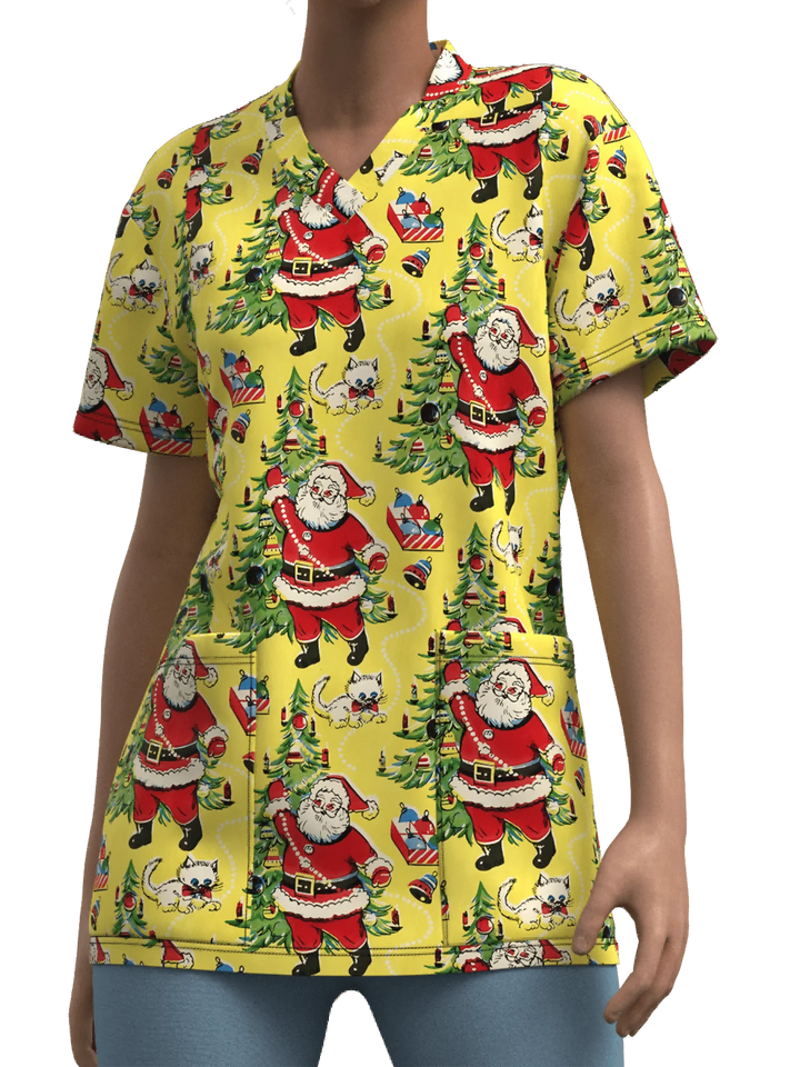 Cute Snowman Print V-Neck Top | Women's Clinical Uniform