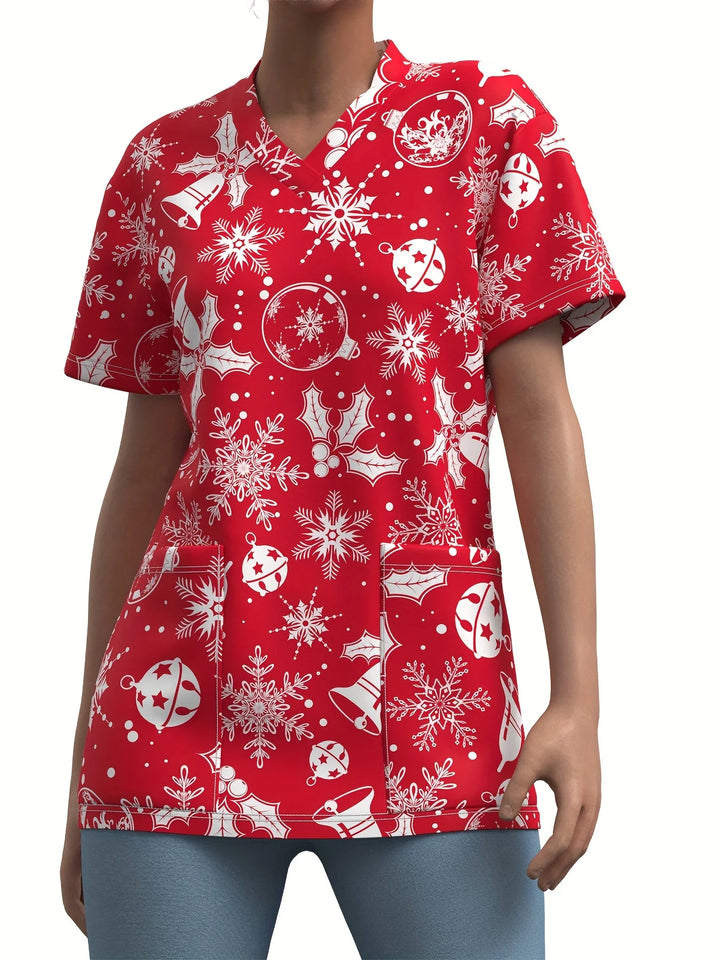Cute Snowman Print V-Neck Top | Women's Clinical Uniform