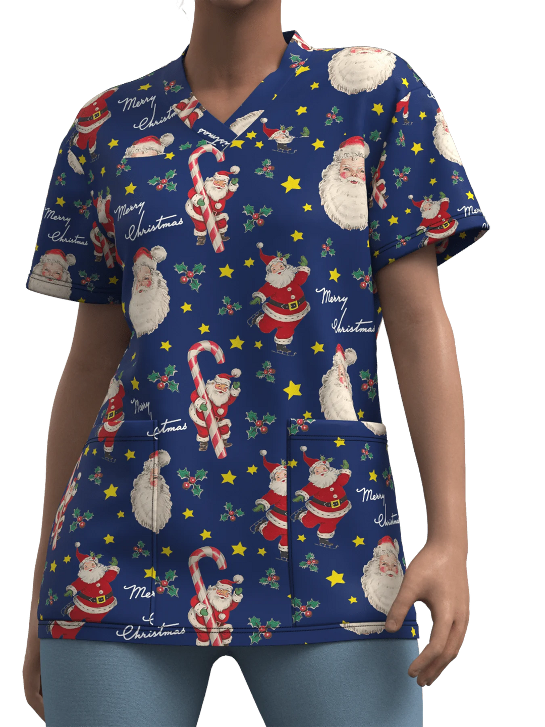 Cute Snowman Print V-Neck Top | Women's Clinical Uniform