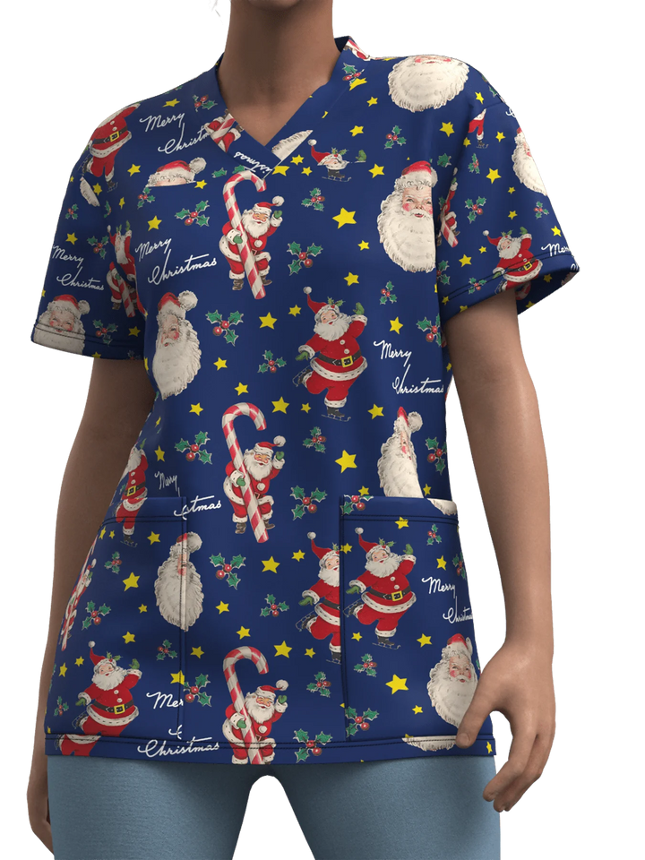 Cute Snowman Print V-Neck Top | Women's Clinical Uniform
