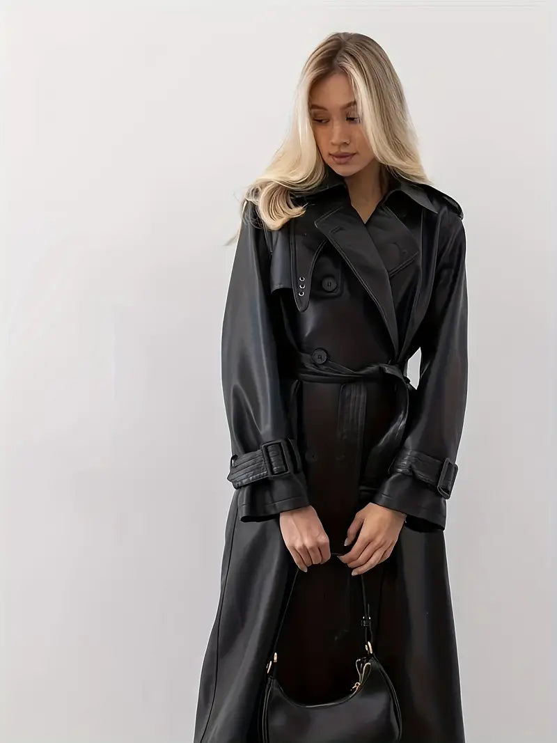 Women’s long black faux-leather trench coat with double-breasted front and belted waist