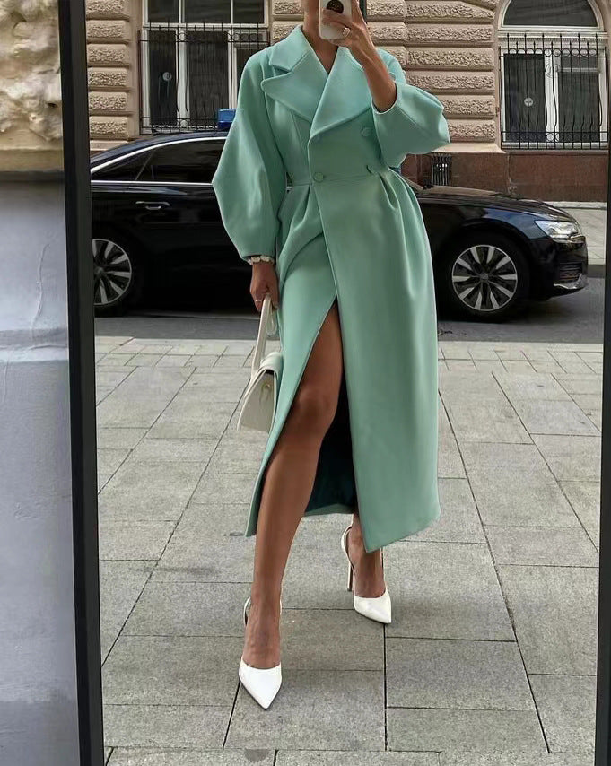Elegant Women's Long Winter Coat with Oversized Lapel | Trench Coat