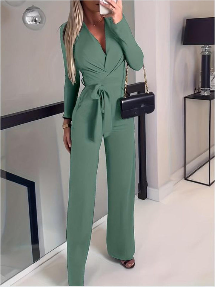 Elegant Women's V-Neck Wrap Jumpsuit | Wide-Leg Pants 1