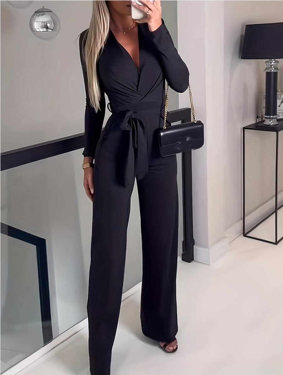 Elegant Women's V-Neck Wrap Jumpsuit | Wide-Leg Pants 2