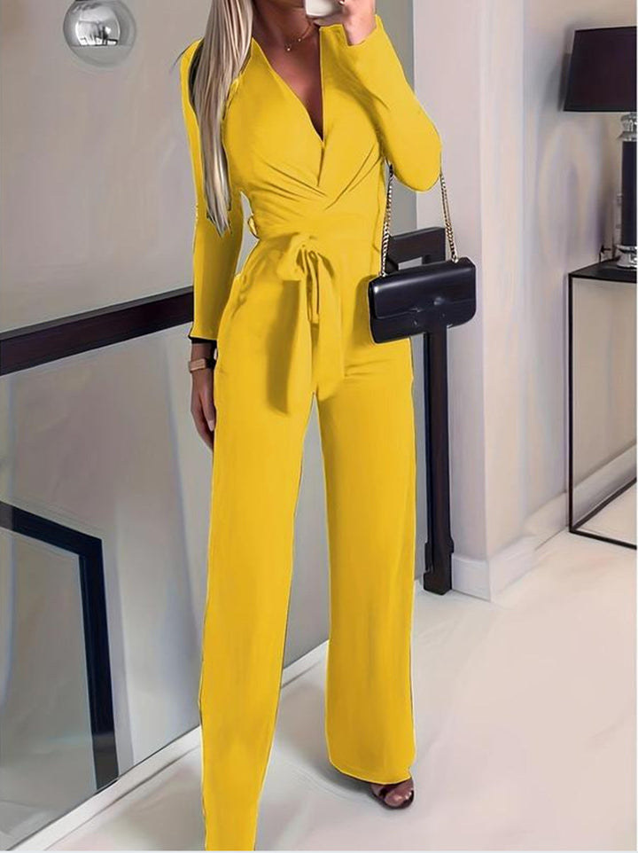 Elegant Women's V-Neck Wrap Jumpsuit | Wide-Leg Pants 3