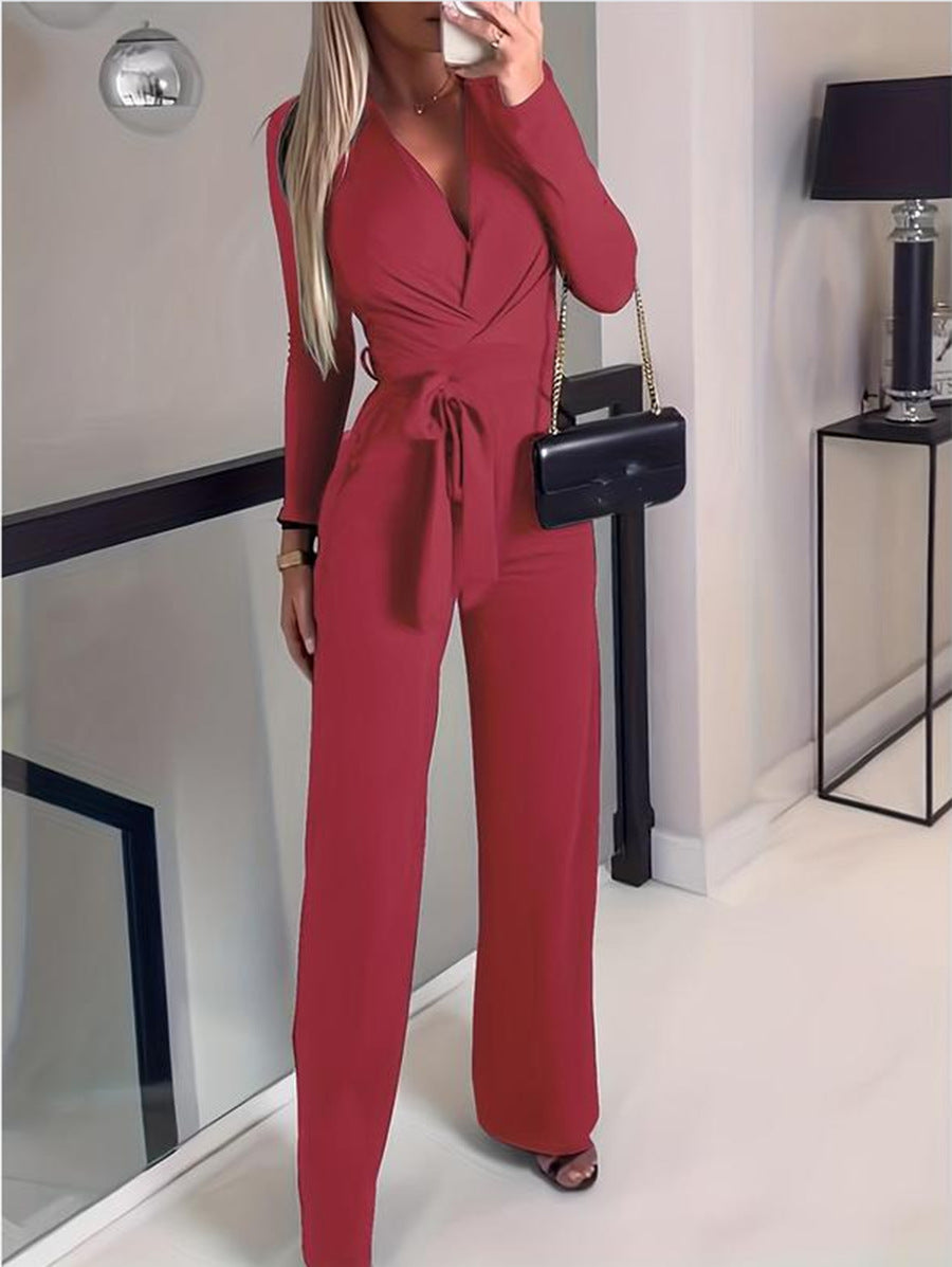 Elegant Women's V-Neck Wrap Jumpsuit | Wide-Leg Pants 4