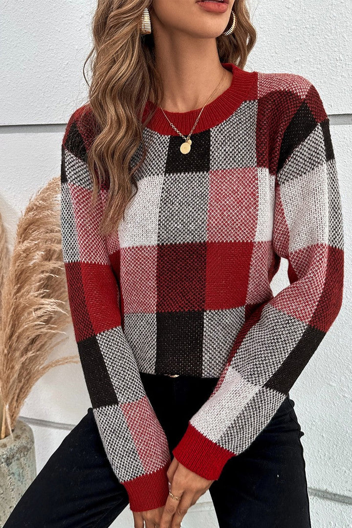 Women’s long-sleeve plaid sweater in red, black and grey