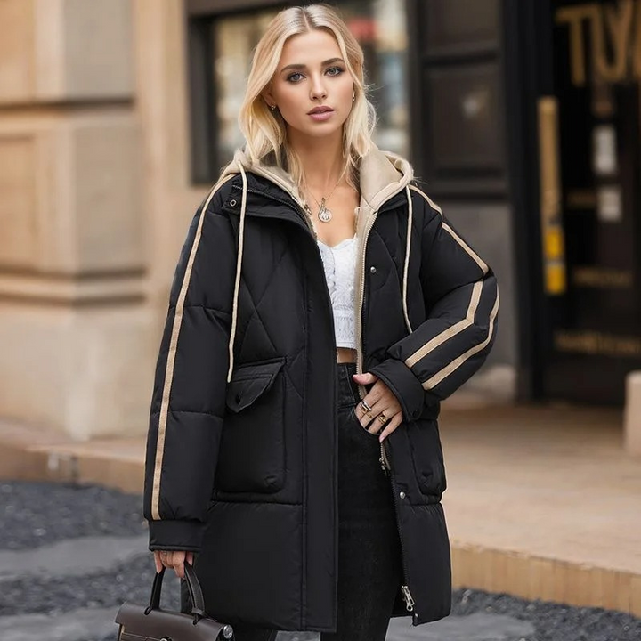 Gisela | Women's Quilted Puffer Jacket in Khaki Stripes