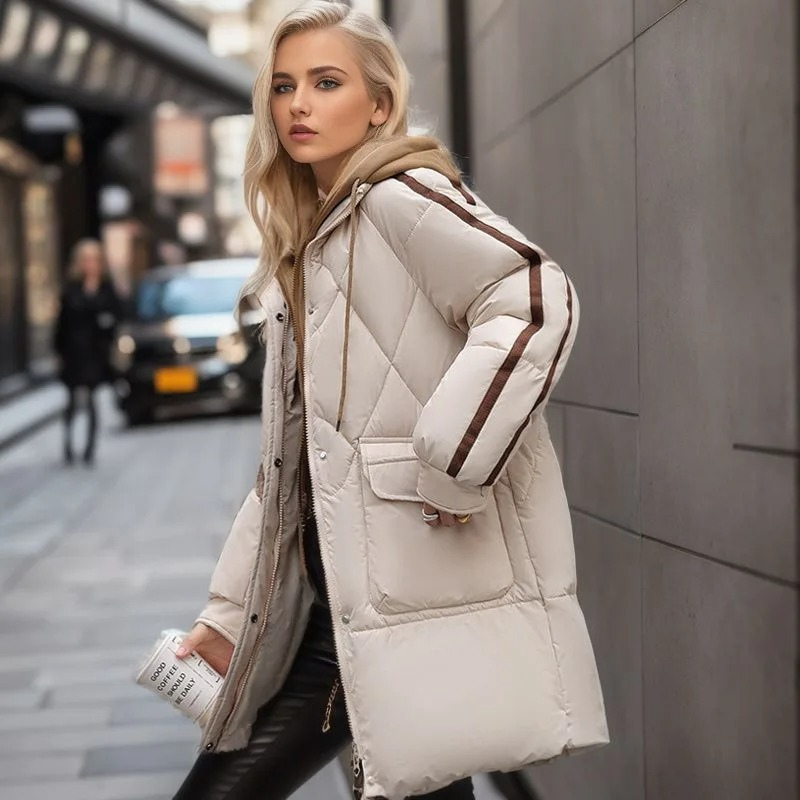 Gisela | Women's Quilted Puffer Jacket in Khaki Stripes