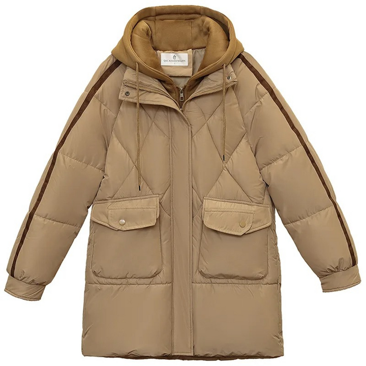 Gisela | Women's Quilted Puffer Jacket in Khaki Stripes