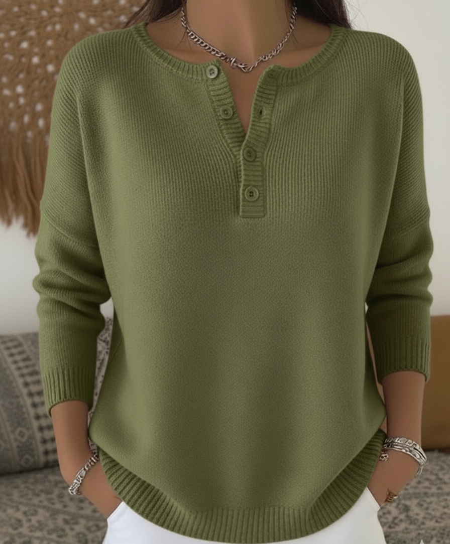 Henley Collar Sweater Top | Women's Sweater Casual Knitwear