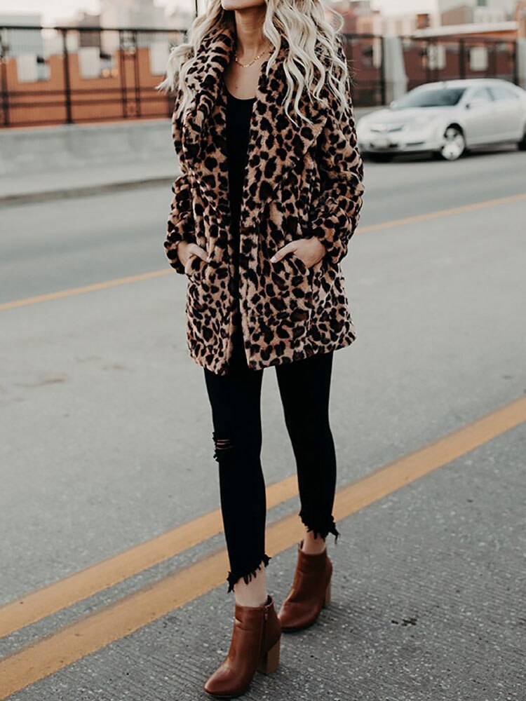 Leopard Print Plush Fur Jacket | Women's Winter Coat