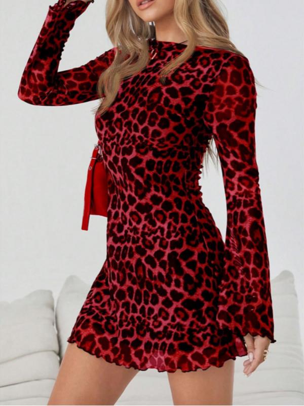 Leopard Print Women's Cocktail Dress | Elegant Long Sleeve Dress