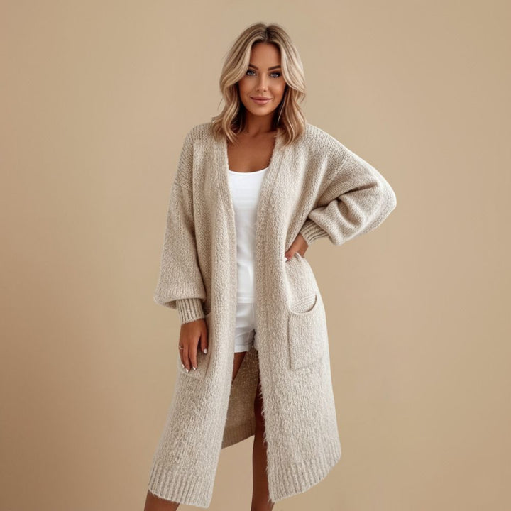 Long Knitted Cardigan | Women's Open Cardigan with Pockets