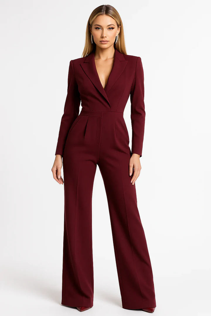 Luxury Blazer Jumpsuit | Women's Elegant V-Neck Wide-Leg Outfit