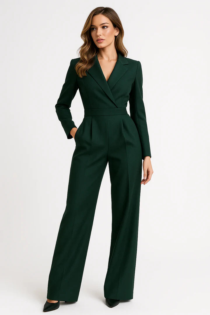 Luxury Blazer Jumpsuit | Women's Elegant V-Neck Wide-Leg Outfit
