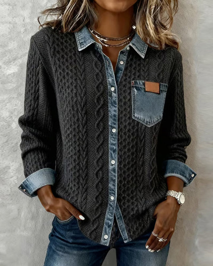 Women's Long Sleeve Denim Detail Shirt | Casual Fashion Top