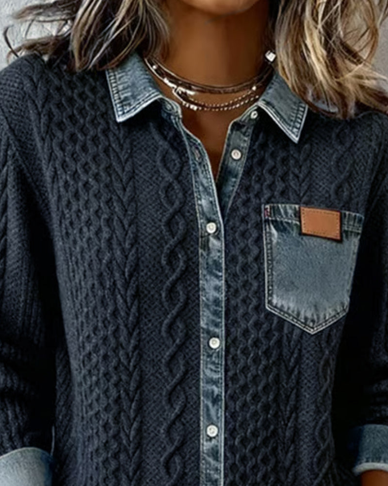 Women's Long Sleeve Denim Detail Shirt | Casual Fashion Top