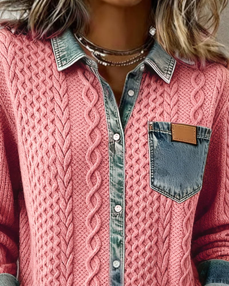 Women's Long Sleeve Denim Detail Shirt | Casual Fashion Top