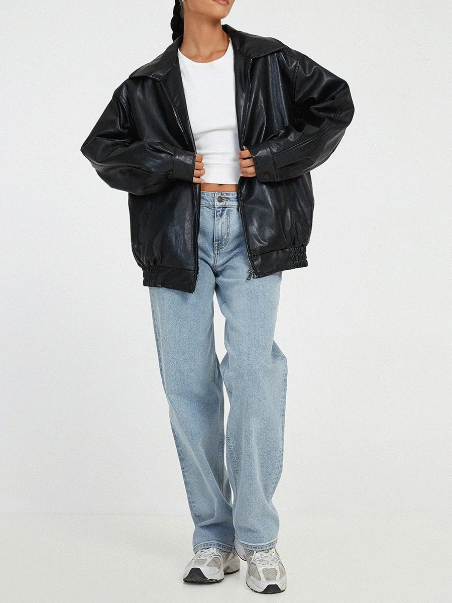 Oversized Leather Bomber Jacket | Women's Jacket